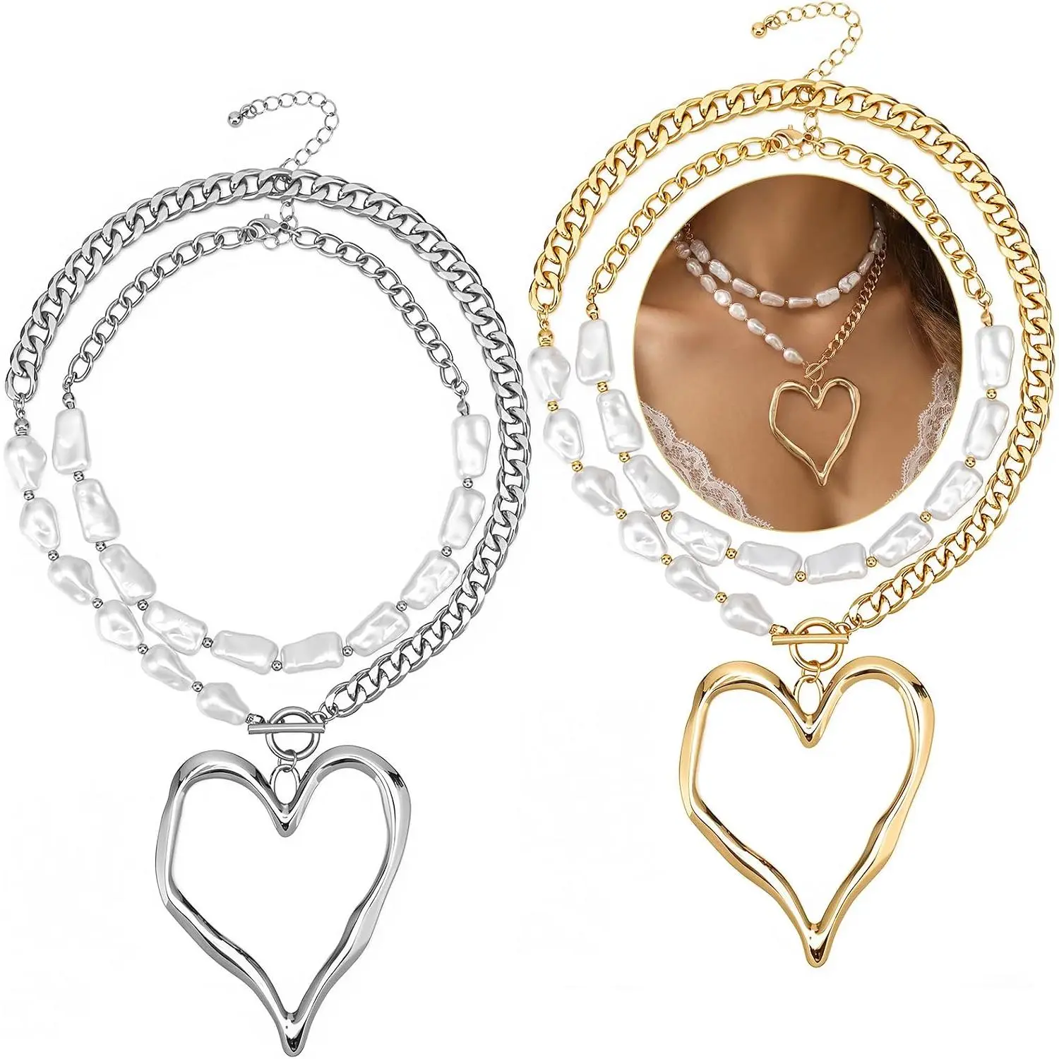 2 count Y2k Large Heart Necklaces for Women Chunky Big Heart Pendant Necklace Layered Love Heart Pendant Beaded Chain Choke Necklace Birthday Gifts for Women  ,