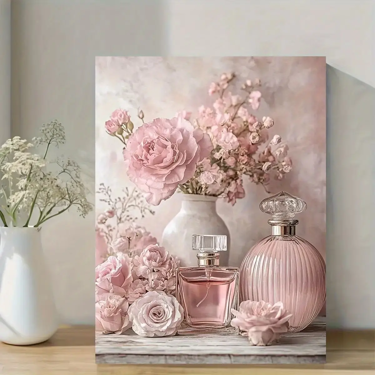 Vintage Floral Perfume Bottles Canvas Wall Art - Soft Pink Roses in Pastel Floral Decor, Framed Canvas Painting with Wrapped Wooden Frame - Elegant Home Office, Bedroom, Living Room Decoration#CottagecoreDecor #FloralWallArt