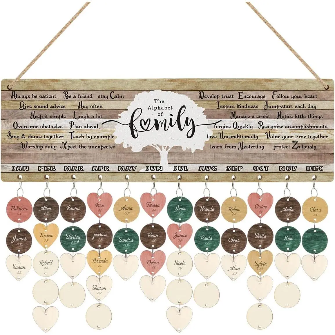 Family Birthday Calendar with Tags,  The Alphabet of Family Birthday Wall (16"x5"), Inspirational Quotes Wooden Birthday Reminder  for  Day Anniversary