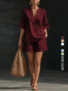 2026 Spring/Summer Women's Solid Color V-Neck Imitation Linen Casual Top and Shorts Two-Piece Set