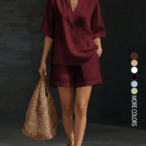 2026 Spring & Summer Women's Clothes Woven Non-Stretch Solid Color Basic V-Neck Casual Top and Shorts Two-Piece Set