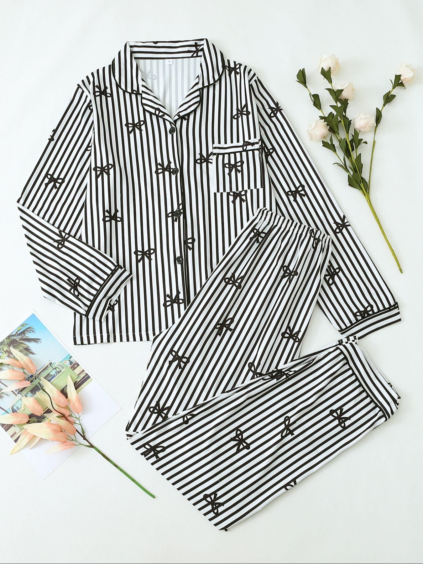 【Valentine Pajamas】Two-Piece Set Women's All Over Bow Print Button Front Shirt & Pants Pyjama, Casual Comfy Long Sleeve Lapel Neck Top & Trousers PJ Set, Women's Sleepwear for Spring & Fall