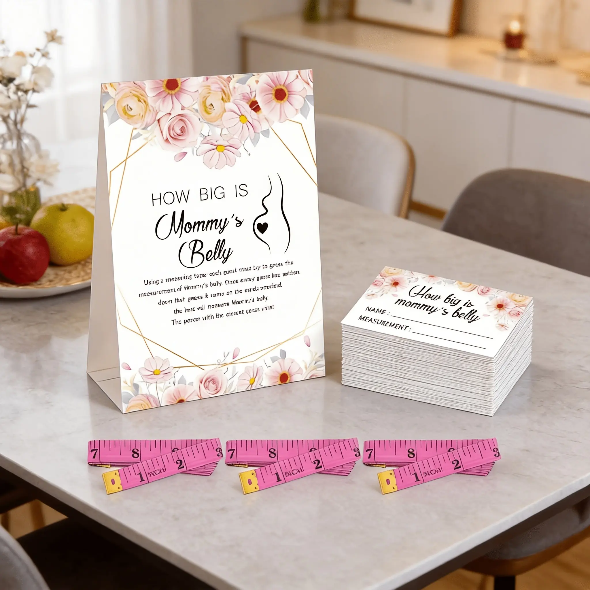 51 Piece Baby Shower Game Set, Guessing Game Cards, Rulers, Floral Gold Geometric Print, Interactive Party Props, Gender Reveal Party Fun