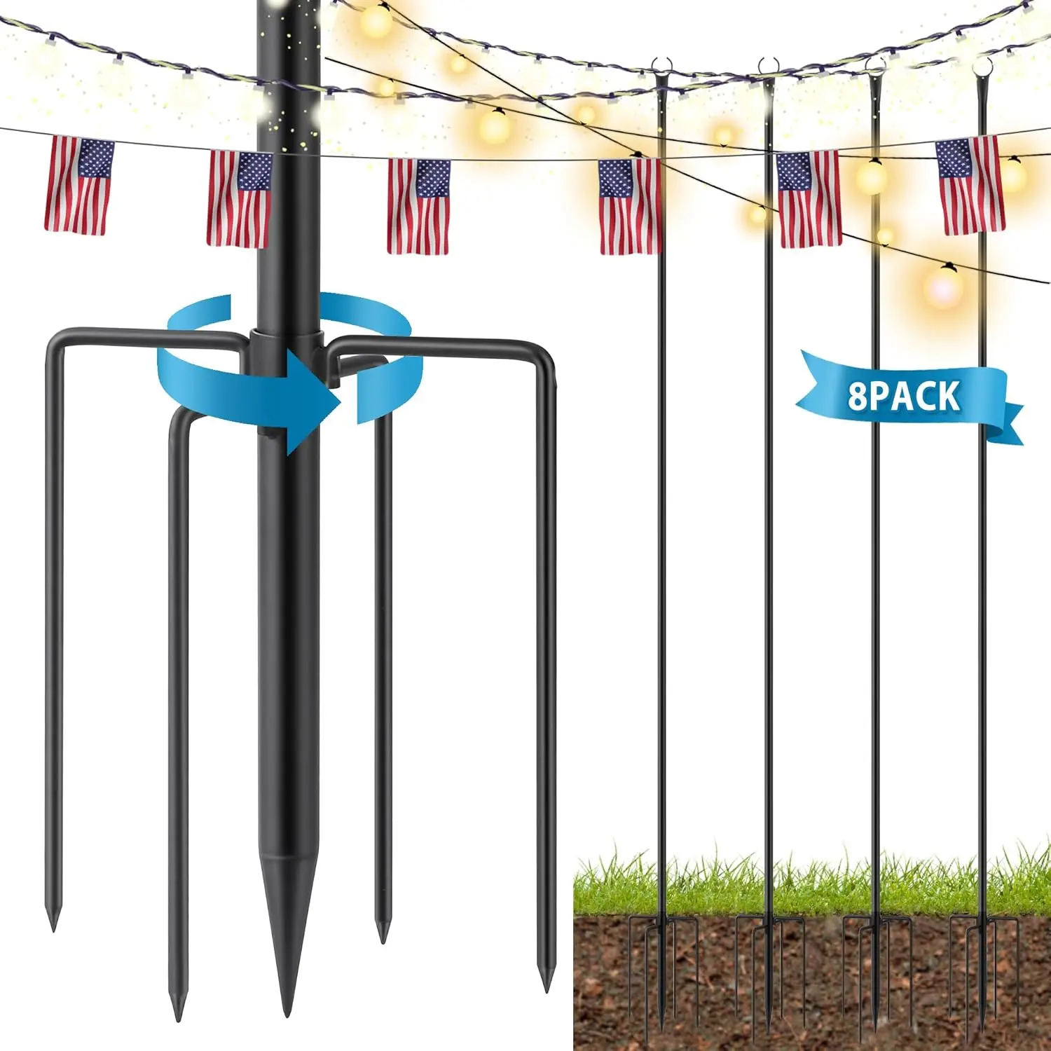 10Ft String Light Poles 8 Pack, Light Poles for Outside Lights, Outdoor with Fence Brackets Hanging Lights, Tall Hanging Poles for Patio, Deck, Backyard Garden