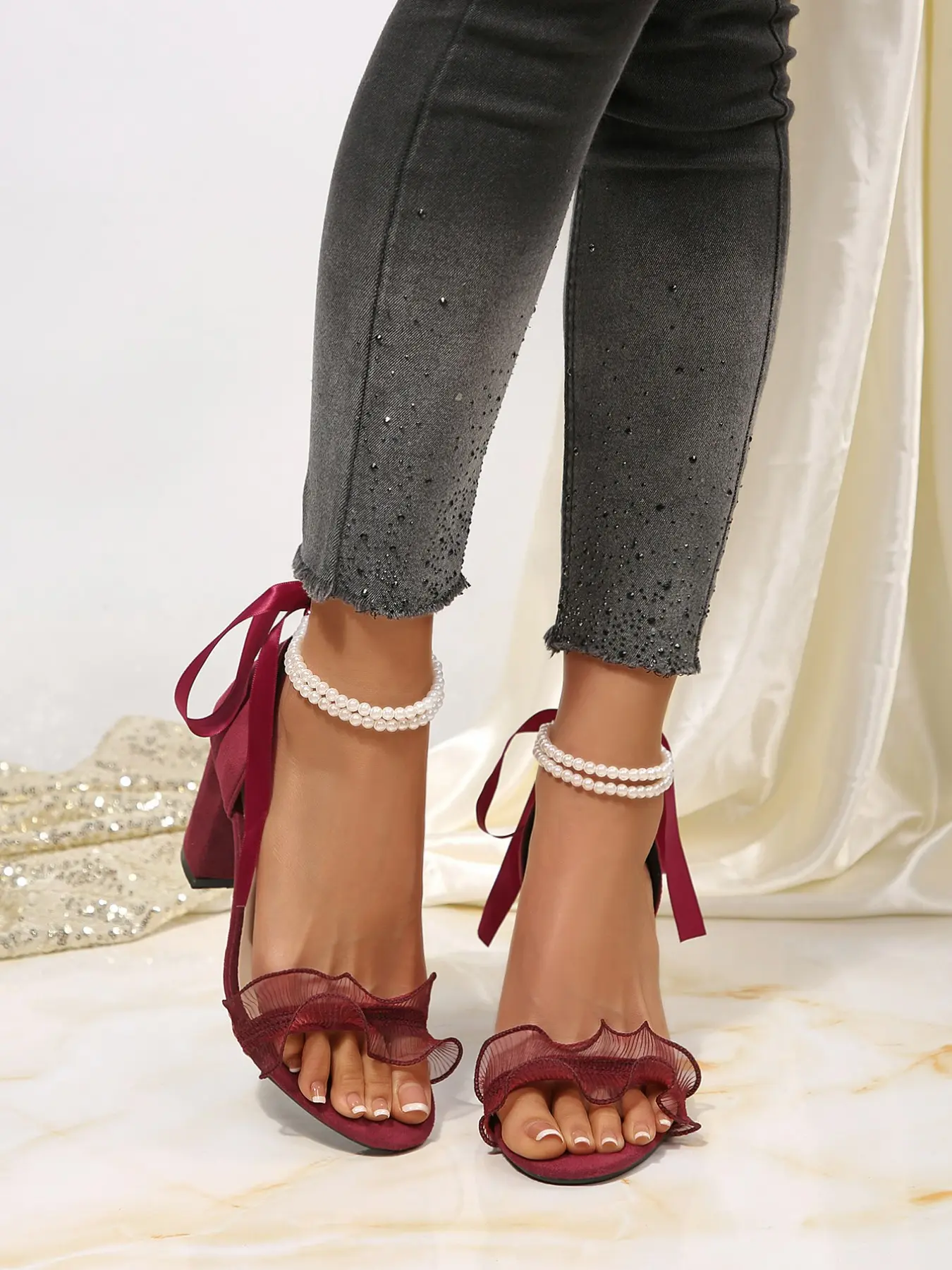 Elegant High-Heeled Trending Sandals for Women, Pearl Chain Anklet, Velvet Sole, Butterfly Knot Design, Perfect for Weddings and Parties, Summer