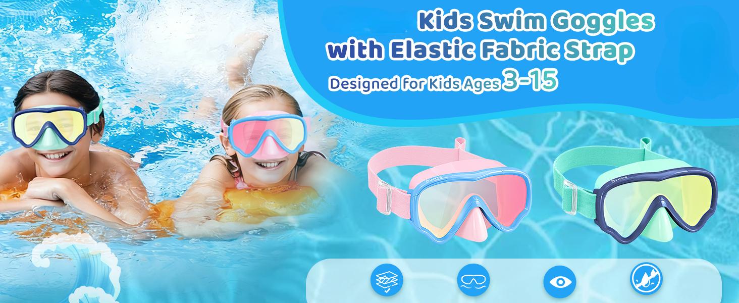 Vvinca Kids Swim Goggles with Nose Cover, Anti-Fog/UV Swimming Mask for Boys Girls 3-15, No Hair Pulling Fabric Strap