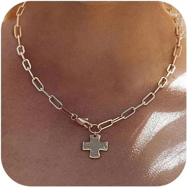 Stainless Steel Exaggerated Paperclip Necklace - European & American Modern Style, Cross Clasp, Copper Metal, Geometric Form, Everyday Wear Fashion Jewelry Accessory, Gift for Girlfriend, Cross Motif