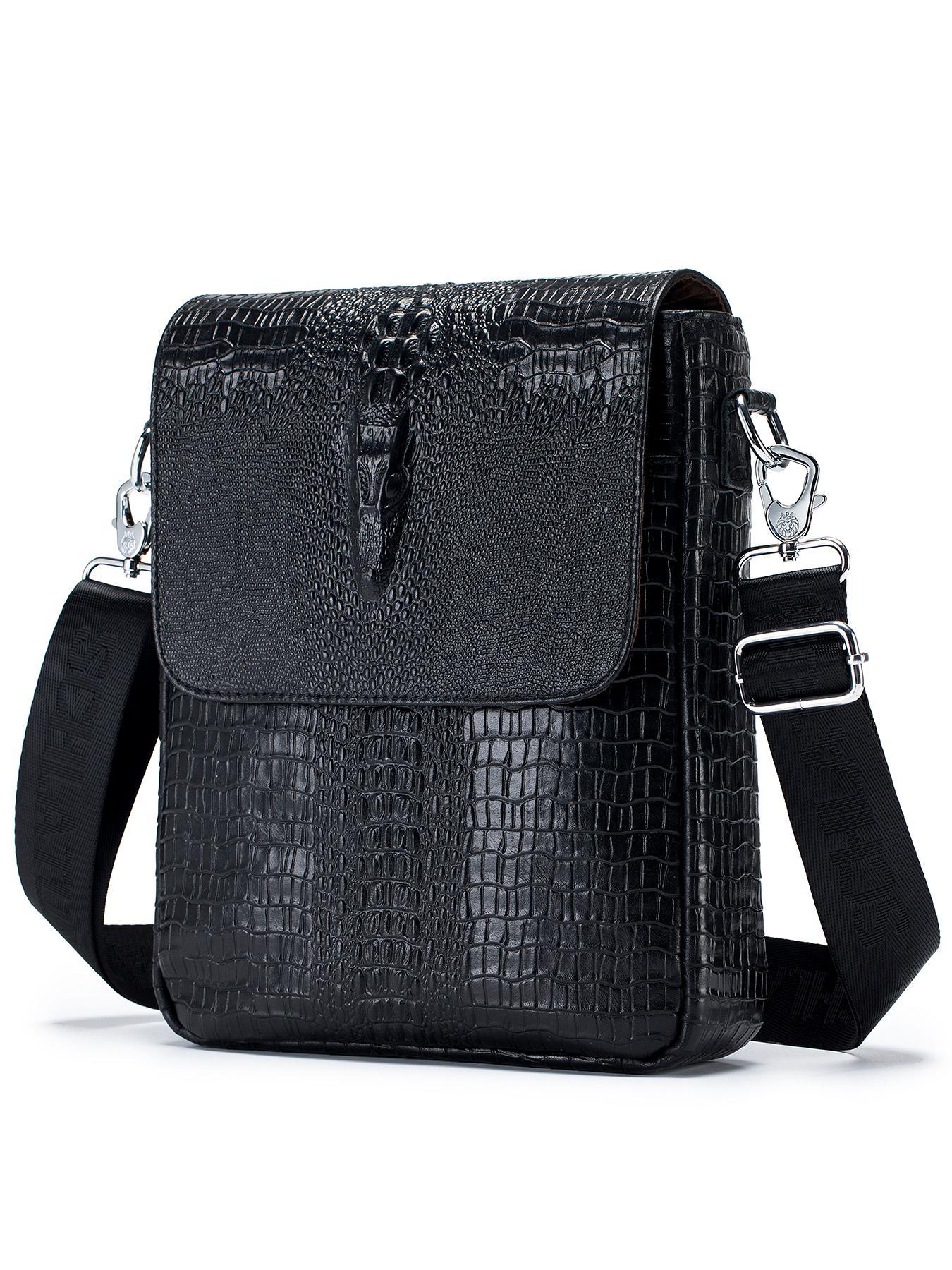 Men's Business Crocodile Embossed Crossbody Bag, Vintage Cowhide Shoulder Bag for Daily Used, Casual Trendy Versatile High-quality Daily Commuting Bag