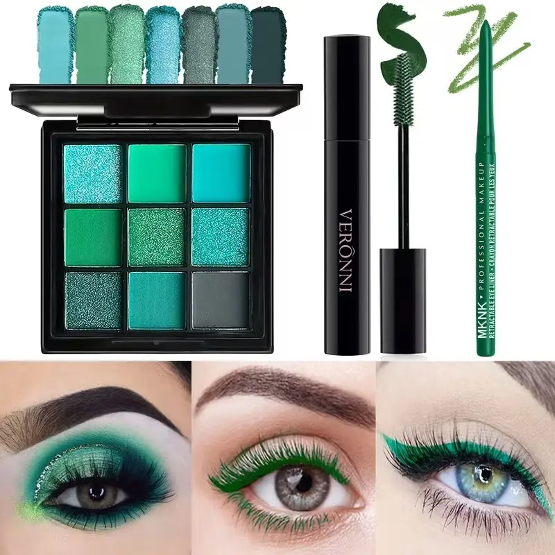 Rebellious Girl 3pcs Eye Makeup Set, 9 Colors Green Eyeshadow Palette with Green Mascara, Green Eyeliner, Matte Shimmer Glitter Eye Makeup, Green Color Tone, High Waterproof Complete Eye Makeup Kit for Music Festival