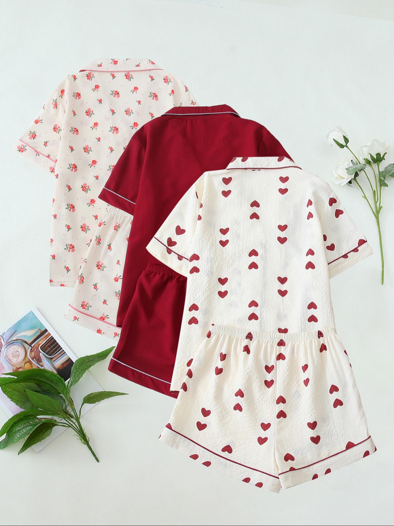 Women's Heart/All Over Fruit Print Contrast Binding Pyjama Set, Short-Sleeve Lapel Neck Button Up Top & Elastic Waist Shorts PJ Set, Casual Comfy Loungewear Set for Women, Nightwear Pajamas