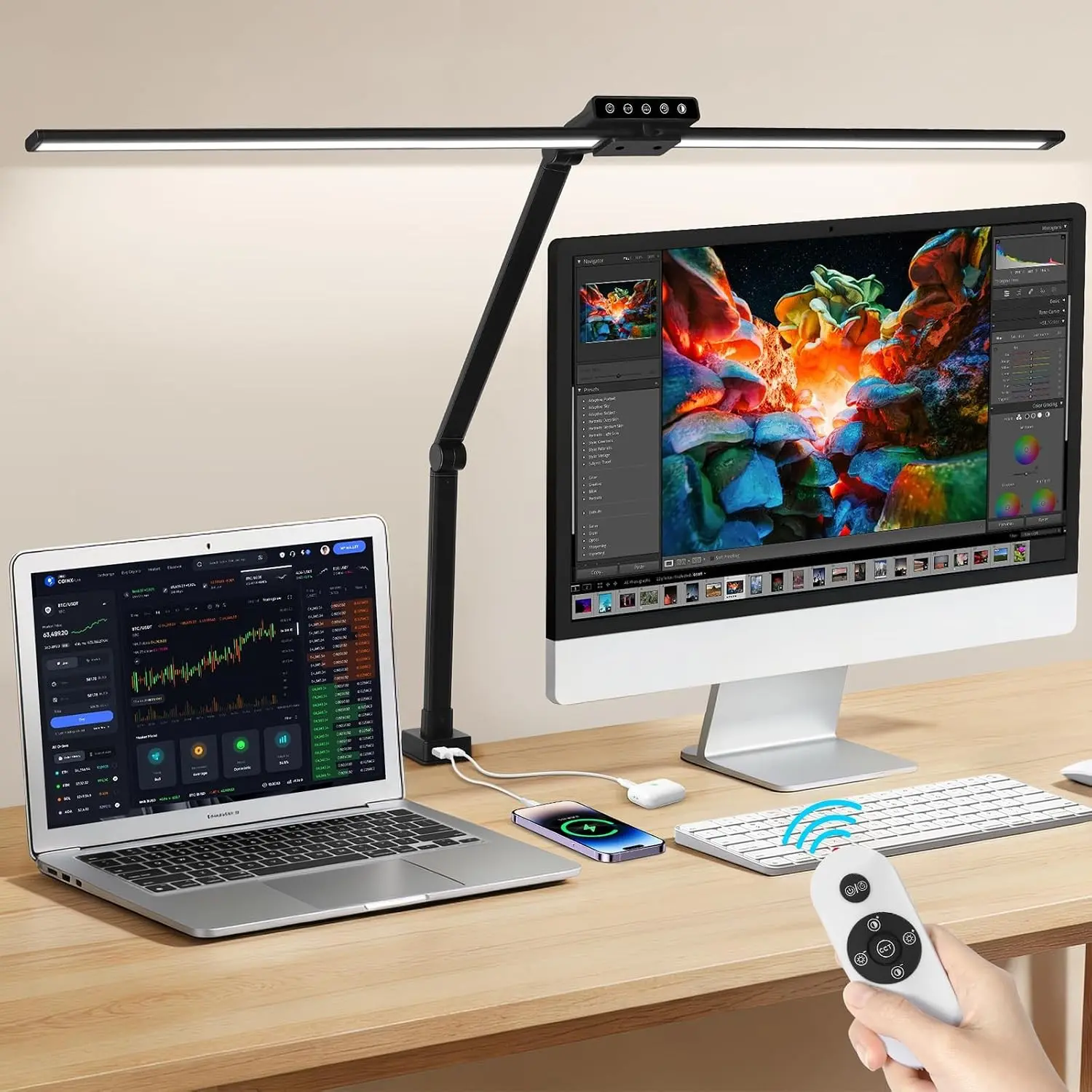 29.5" LED Desk Lamp with Clamp Mount, 24W Power, Elongated Head, Eye-Caring for Home Office Dual Monitors, USB-C & USB-A Ports, Remote & Touch Control, 5 Color Temperatures, Stepless Dimming