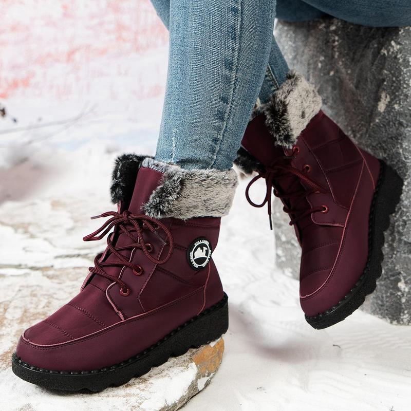 Women's Snow Boots Insulated Waterproof Winter Boots for Women Warm Fur Lined Booties High-heeled Snow Boots Lace-Up Mid-Calf Design Faux Fur Cozy Warm Black