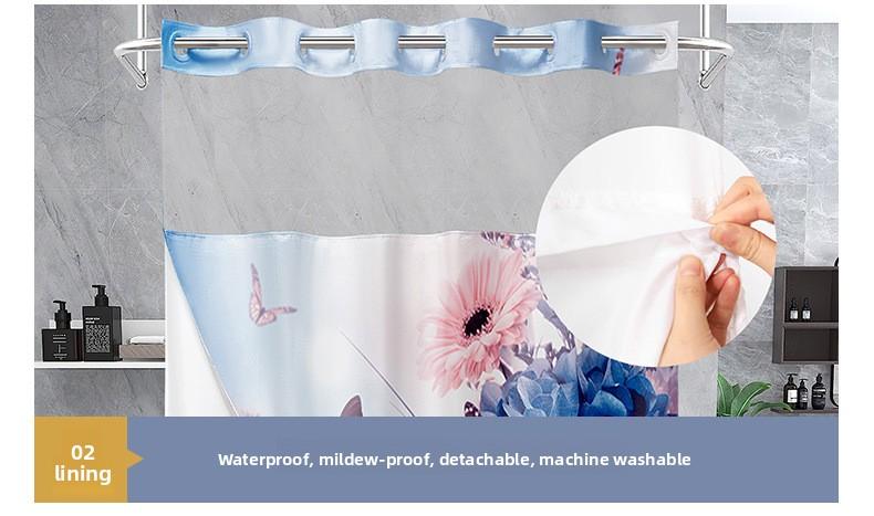 Snap Button Hookless Digital Print Waterproof Shower Curtain with Embedded Fabric Liner Set Lin Shower Curtain Partition