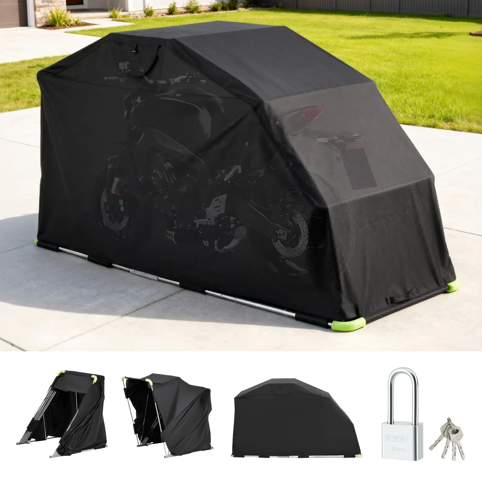 VEVOR Motorcycle Storage Shelter with Security Lock, 600D Oxford Flip-Up Garage Tent, Heavy-Duty All-Weather Motorcycle Cover with Ventilation Windows, 110x 43x 63 in Outdoor Vehicle Shelter, Black