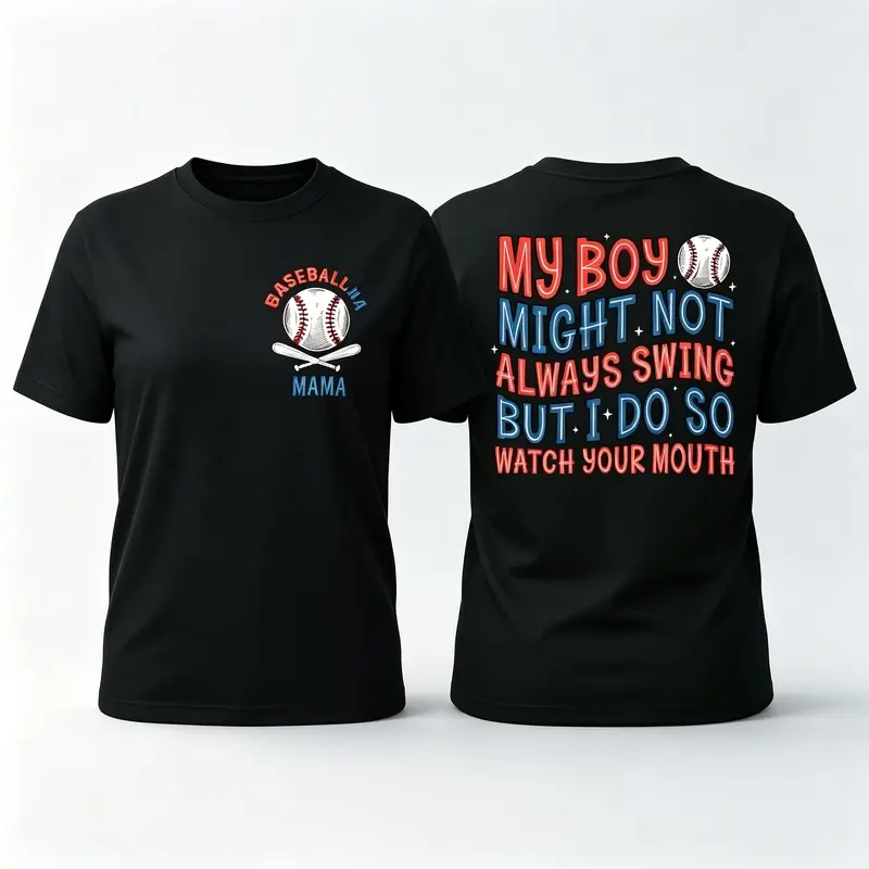 Baseball Mama Double-Sided Graphic Tee for Women Black Cotton T-shirt Summer Casual Game Day Top