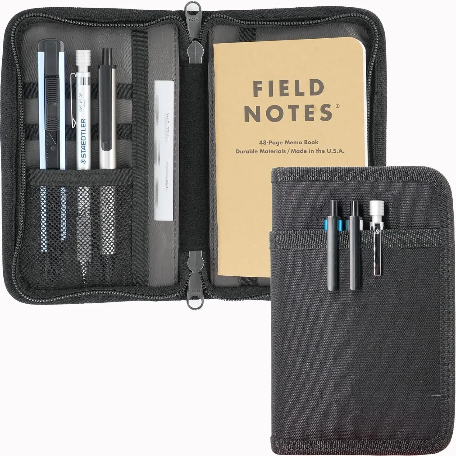 Journal Cover for 3.5”x5.5” Field Notes & Moleskine Cahier, YKK Zippers, Pocket Notebook Cover with Pen Holder, 3.5” x 5.5” Field Journal Planner Sketchbook Cover, Water Resistant, Black
