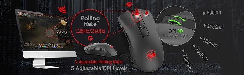 Redragon M652 Optical 2.4G Wireless Mouse with USB Receiver, Portable Gaming & Office Mice, 5 Adjustable DPI Levels, 6 Buttons for Desktop, MacBook, Notebook, PC, Laptop, Computer