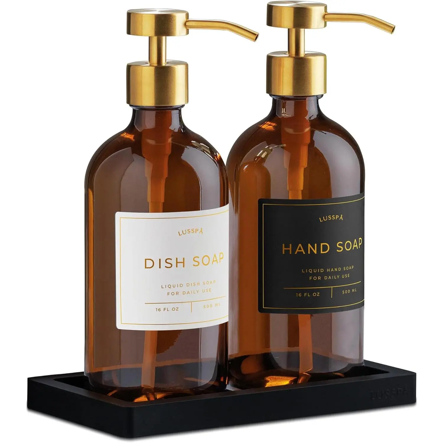 2-Piece Minimalist Amber Glass Bottle Soap Dispenser Set with Silicone Tray, 16.8Oz Bottles, Stainless Steel Pump, 15 Waterproof Labels, Refillable for Kitchen/Bathroom, Ideal Gift for Room Decor, Two Pieces