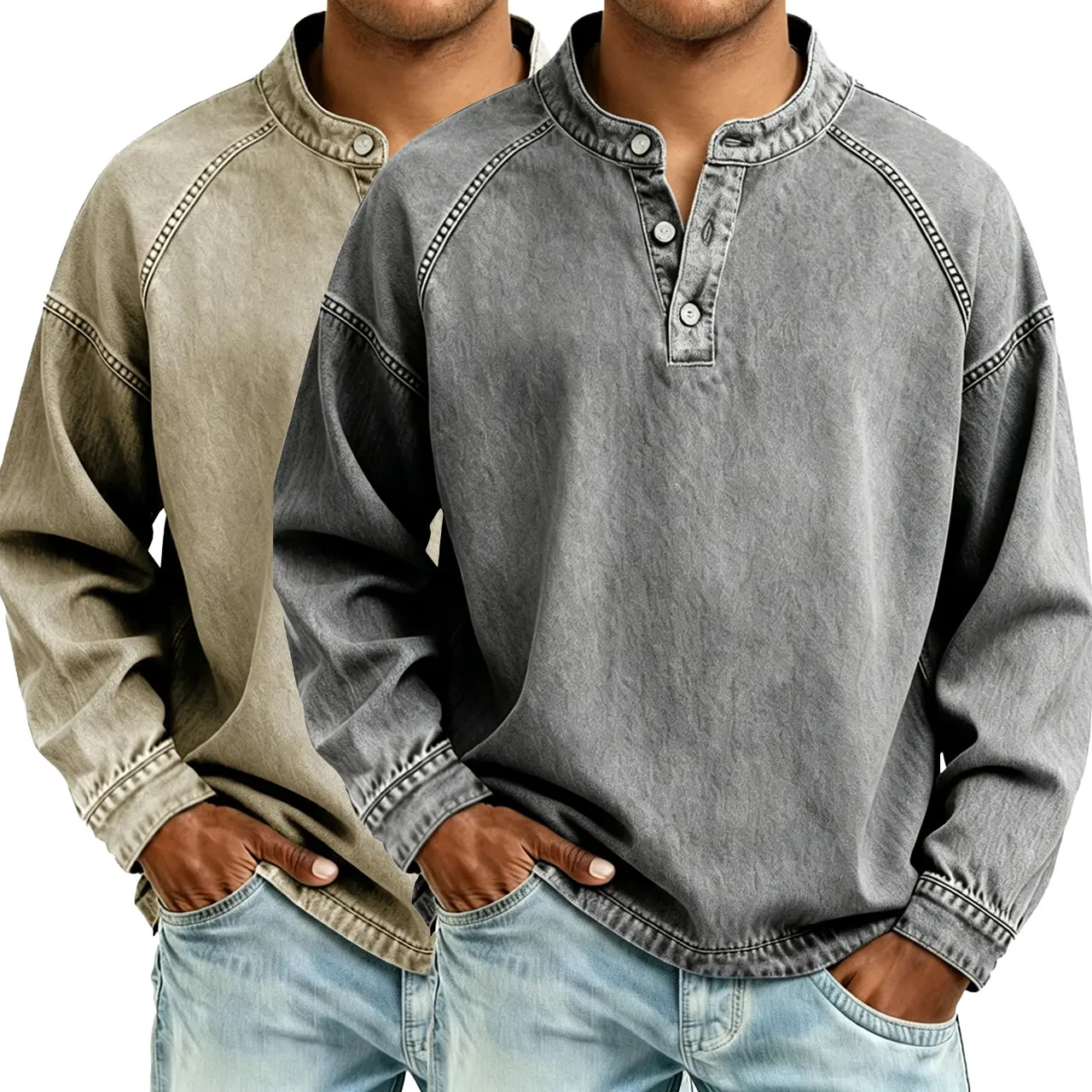 Men's Henley Shirt, Vintage Plain Long Sleeve Top in Washed Denim for Casual Streetwear Layering, Menswear, Medium Length, Casual Wear