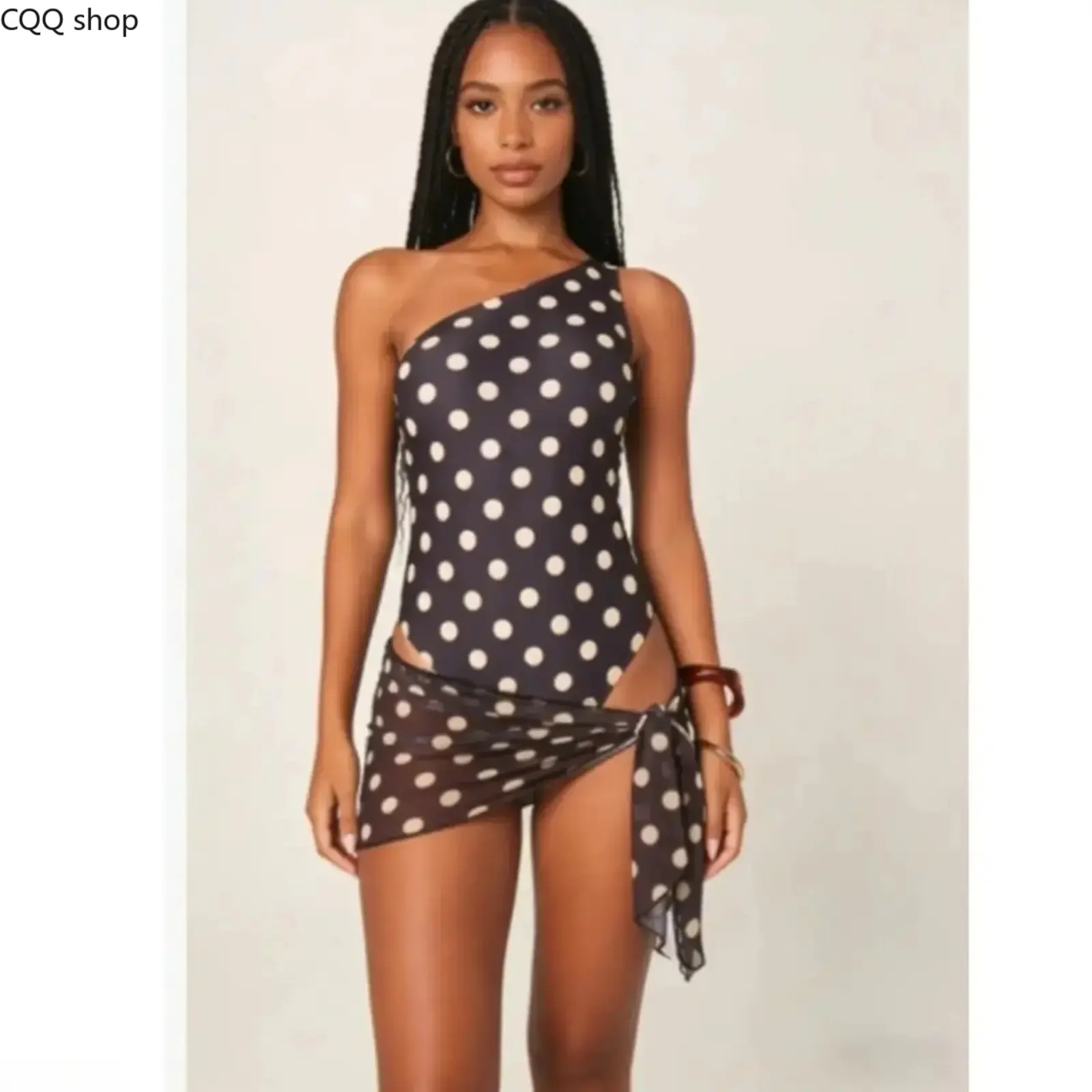 Women's Navy Polka Dot One Shoulder Swimsuit | Sheer Mesh Sarong 2 Piece Bathing Suit | Asymmetric Slim Fit Swimwear for Beach Trip Poolside Relaxation