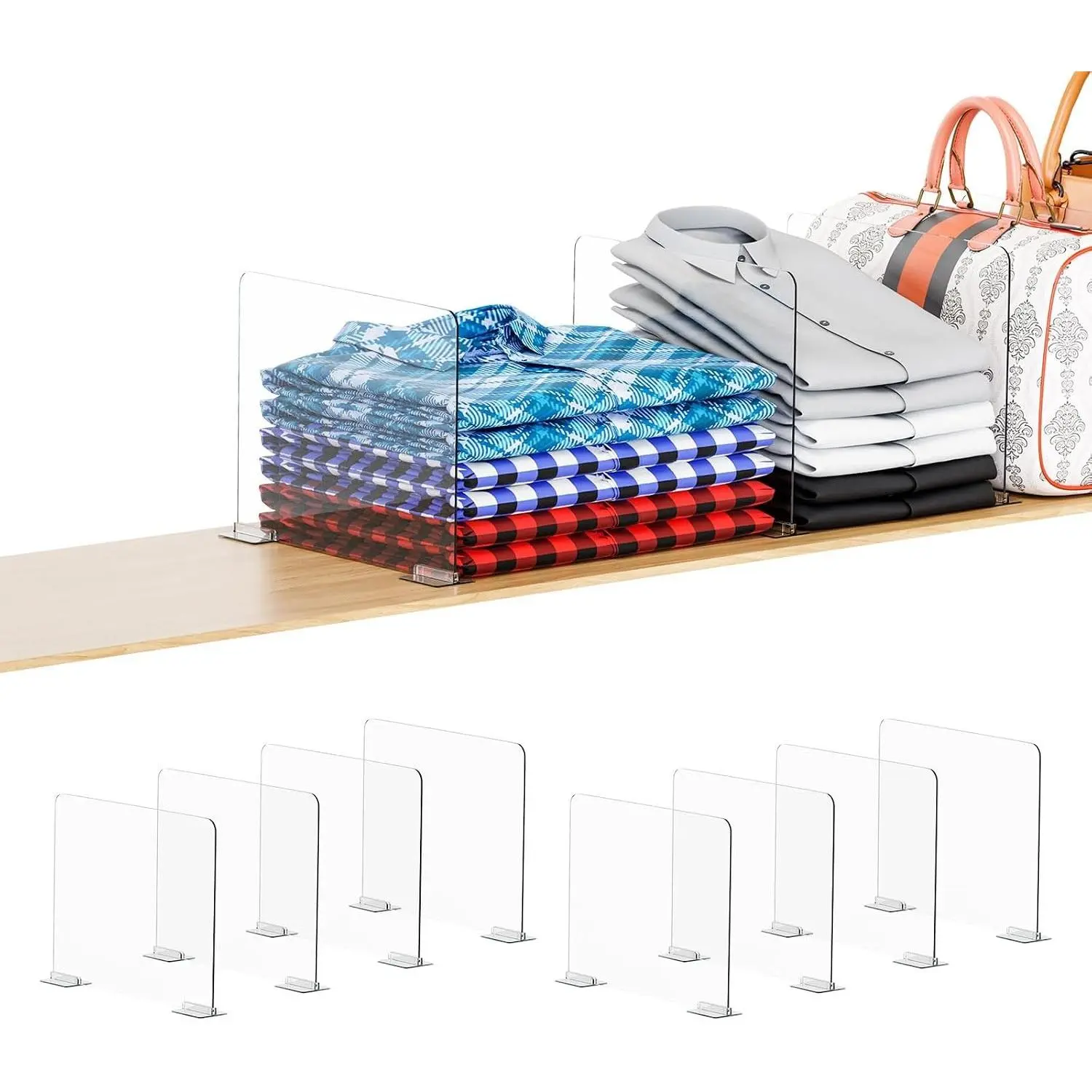 8 Pack Acrylic Shelf Dividers for Closet Organization - Suitable for All Cupboard and Wood Shelves, Clear Closet Dividers for T Shirt, Towel, Bag, Purse, Handbag and Sweater Organization