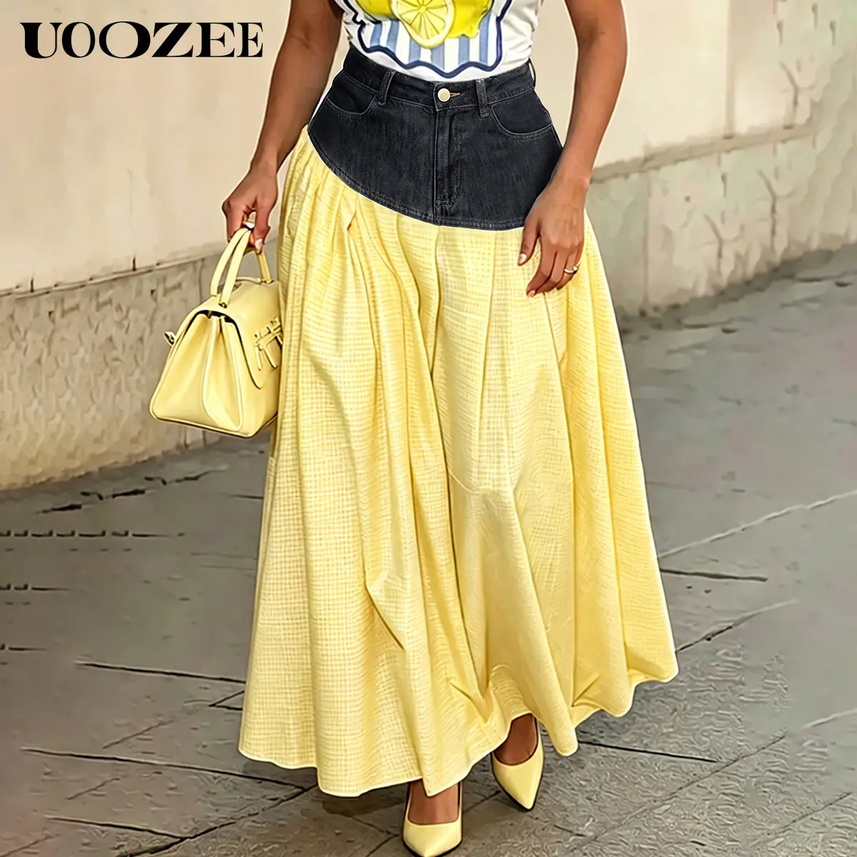 UOOZEE Women's Feminine Asymmetrical Denim Waist Grid Textured Maxi Skirt, High Waist Elastic Back A-Line Patchwork Flowy Pleated Long Skirt with Pockets, Size Down for Slim Figures, Curvy Summer Casual Vacation Streetwear Bottom  Dress