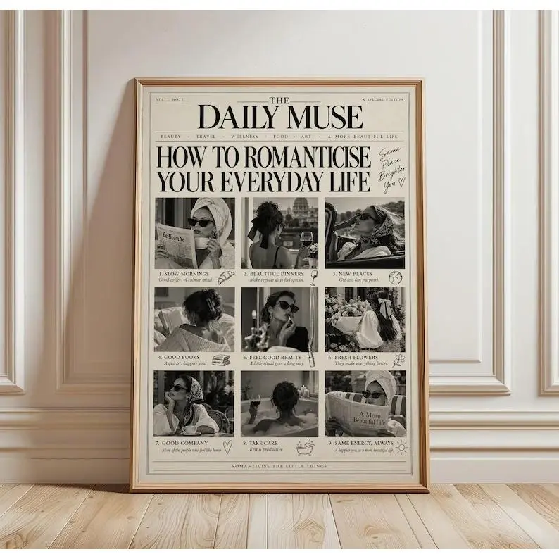 Romanticize Your Everyday Life Wall Art, Black and White Feminine Lifestyle Collage Poster for Bedroom, Dressing Room, Dorm, Office or Chic Home Decor