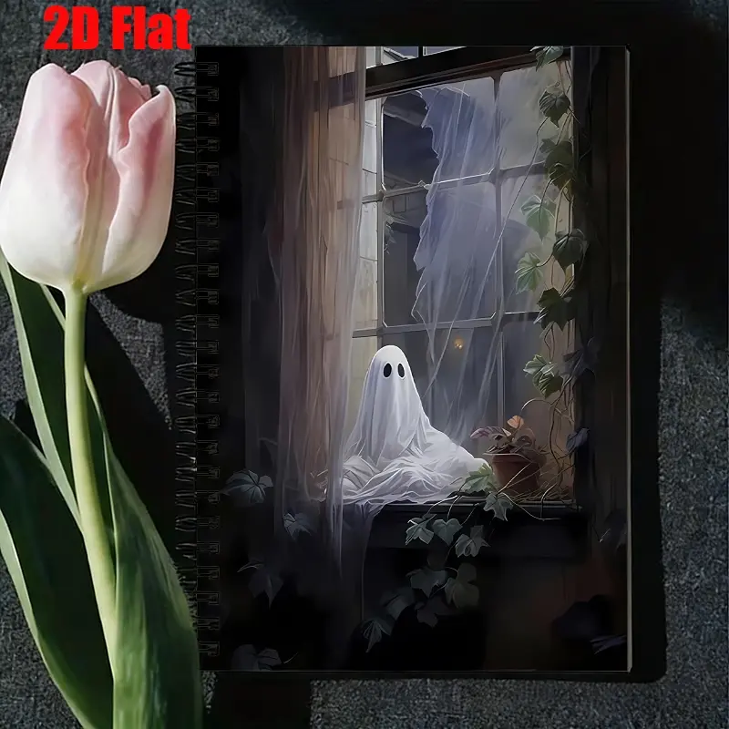 1 Spiral Coil Notebook 5.7x8.26 inch, Halloween Ghost Design, High-Quality Lined Pages, Durable Binding, Perfect for Halloween Party Notes, Spooky Journaling, Haunted House Event Planning, Gift for Horror Fans and Halloween Enthusiasts [2D] Flat