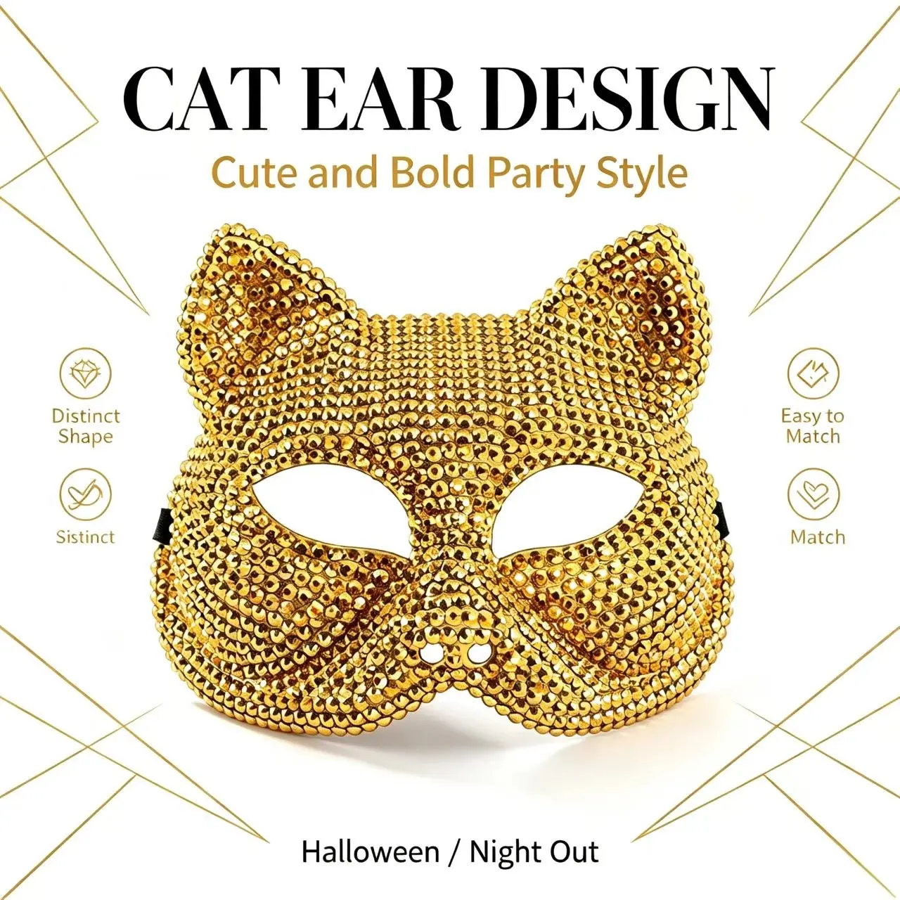 Shimmering Rhinestone Gold Cat Mask, Elegant Half-Face Costume for Halloween Cosplay, Party Decor, Nightclub Performance