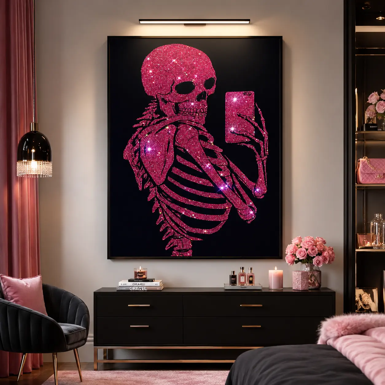 Glitter Skeleton Pattern Wall Art, Canvas Hanging Painting with Frame, Aesthetic Wall Decor, Dopamine Decor, Artistic Indoor Decoration, Creative Design Print, Modern Decoration for Home Living Room Bedroom, Halloween Gothic Wall Art, Halloween Room Decor