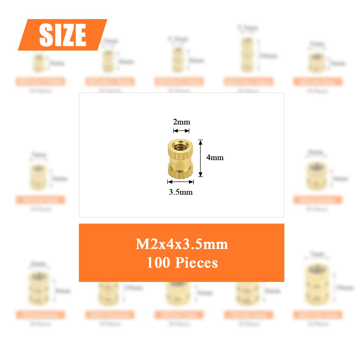 100 count Brass Nut Inserts, Knurled Threaded Inserts, Embed , Embedment Nuts, Female Thread Brass Nuts for  Printing Injection Molding Projects (M2x4x3.5mm)