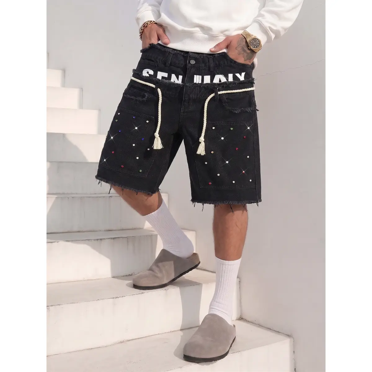 Men's Layered Black Denim Shorts Y2K Streetwear Baggy Jean Shorts with Rope Belt Raw Hem Distressed Wash Colorful Rhinestone Pocket Design Loose Fit Hip Hop Skate Casual Summer Shorts Vintage Urban Fashion Wide Leg Denim Shorts for Daily Wear Festival Vac