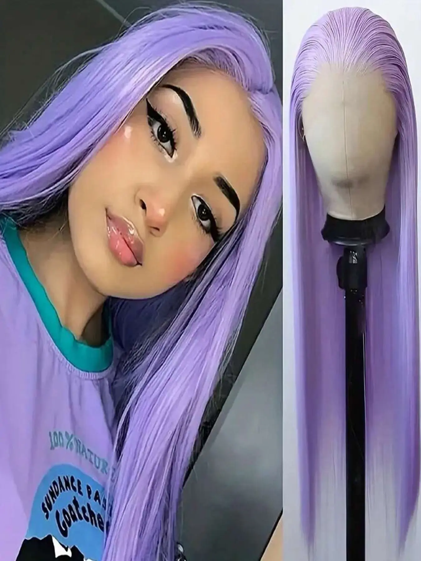 26 Inch Purple Synthetic Lace Front Wig Long Straight Light Purple Wig Pre Plucked Natural Hairline Heat Resistant Fiber Hair Wig for Fashion Women Daily Wear Wig Party Halloween