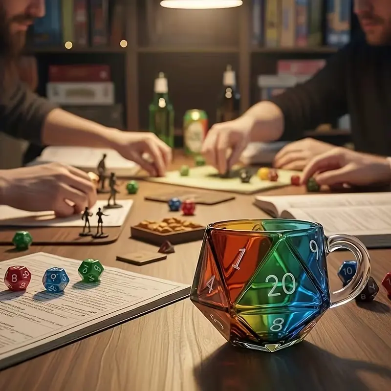 Rainbow Dice 20-Sided Mug, Transparent Glass Cup for Party and Daily Use, Collectible Game Mug Gift for Enthusiasts