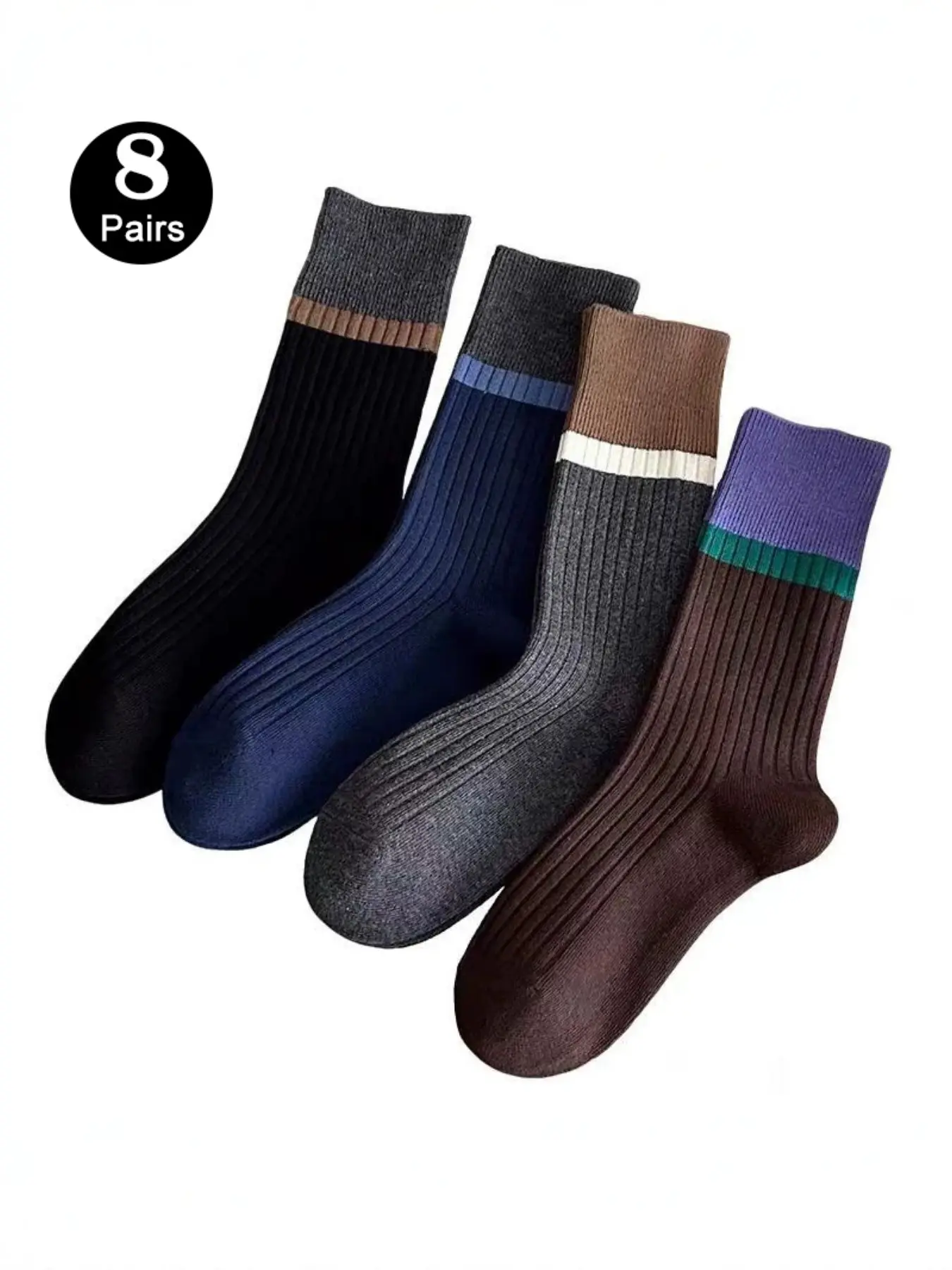 8 Pairs Maroon Color Block Striped Mid-Calf Socks, Retro Style, Business Casual Warm Sports Socks, Comfortable & Durable Design