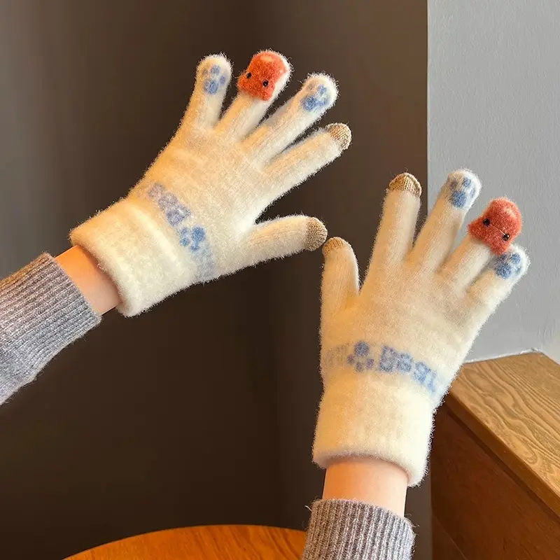 Cute 3D Cartoon Octopus Decor Touch Screen Winter Gloves for Women, Soft Fluffy Warm Knitted Full Finger Gloves with Paw Print Pattern, Elastic Cuff Windproof Cold Weather Driving Cycling Gloves, One Size, 5 Colors White Khaki Pink Navy Black Available