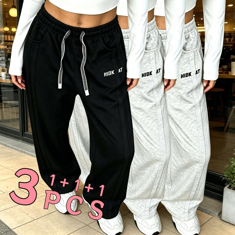 3PC Women's Casual Wide Leg Pants, Straight Leg Pants Loose Fit, with Slanted Pockets and Side Stripe Design, Suitable for Daily Casual Wear Women's Casual Pants