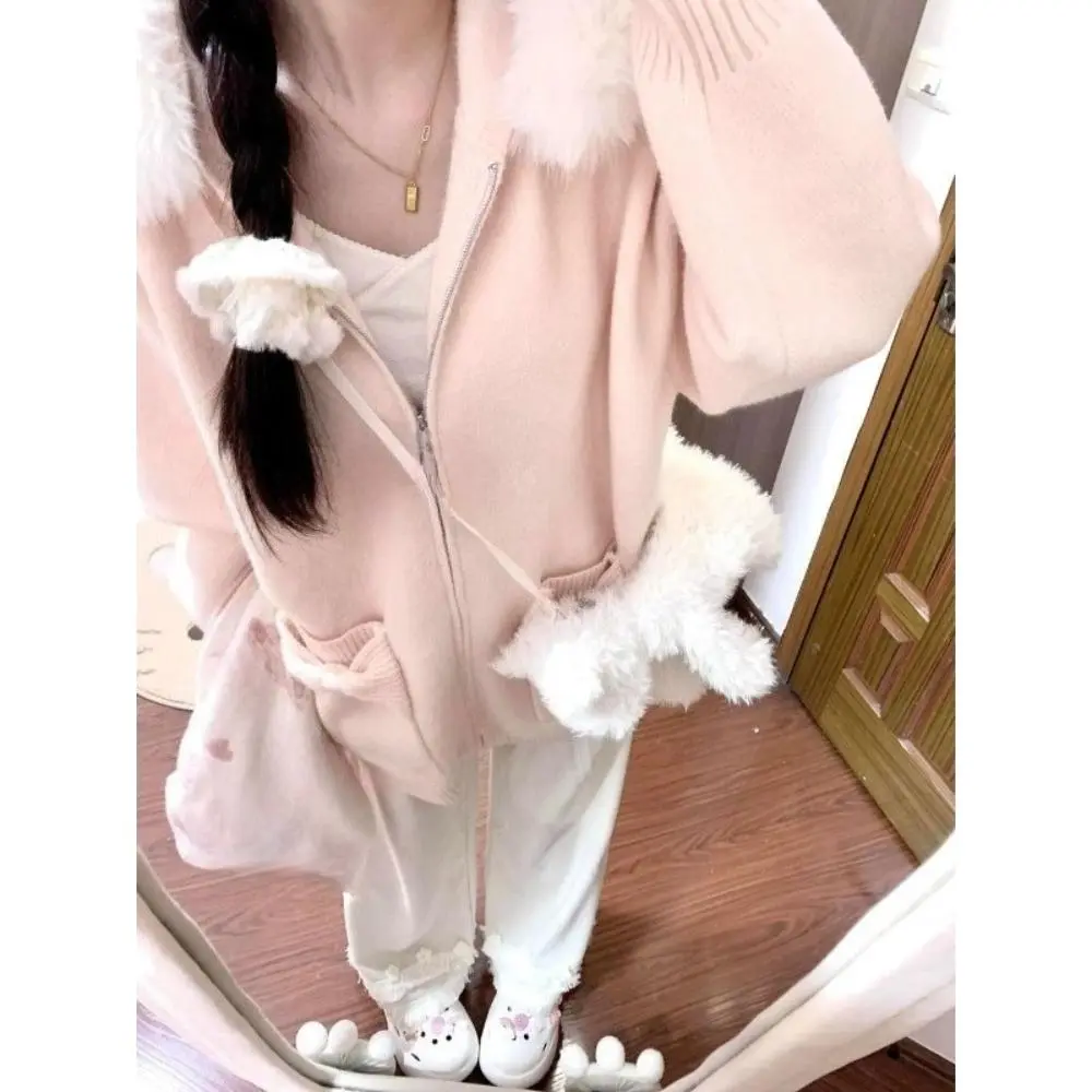 Sweet Kawaii Fur Collar Knit Cardigan Coat Women Casual Loose Thick Solid Coat Autumn Winter Elegant Fashion Outwear Tops New