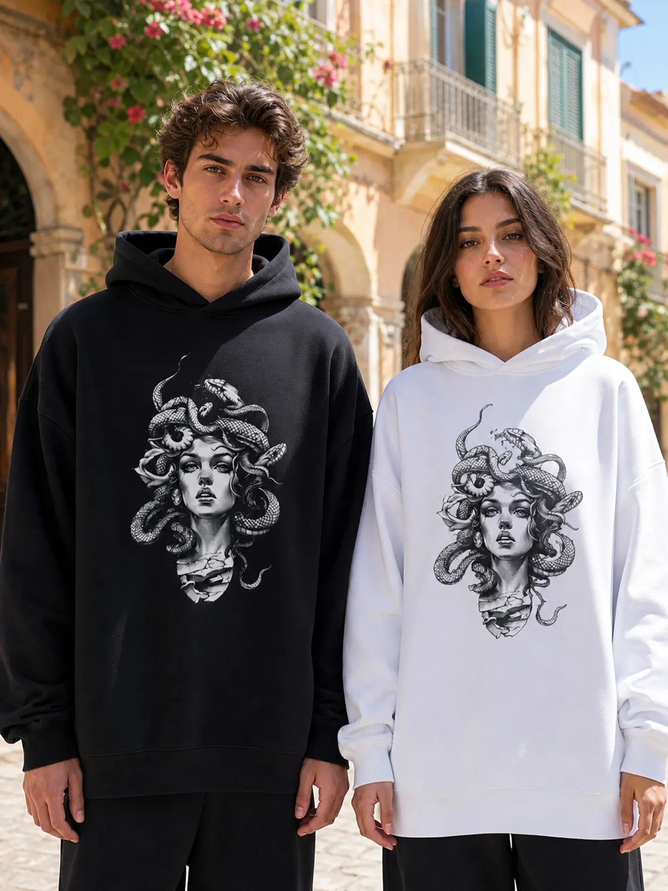 Gothic Medusa Snake Portrait Retro Streetwear Design Crewneck Sweatshirt, Anime Oversized Pullover, Perfect Gift Cool Shirts, Graphic Oversized Heavyweight Fleece-Lined Sweatshirt and Hoodie for Men and Women, Workout Crewneck and Hoodie, Y2K Hoodie