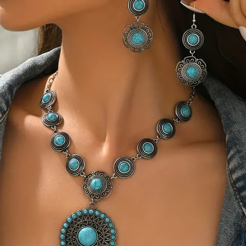 Women's Bohemian Turquoise Pendant, Chain Necklace & Earrings, Alloy Material, Vintage Design, Fashionable Boho Jewelry Set, Necklaces Earrings Set, Fall Winter Jewelry