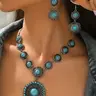 Women's Bohemian Turquoise Pendant, Chain Necklace & Earrings, Alloy Material, Vintage Design, Fashionable Boho Jewelry Set, Necklaces Earrings Set, Fall Winter Jewelry