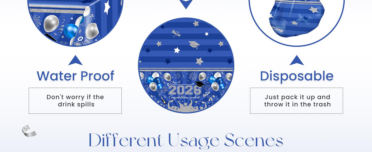 3 pcs Graduation Tablecloths 108x54 inch Graduation Table Cloths Class of 2026 Blue and Silver Tablecover Decorations Grad Plastic Tablecloth