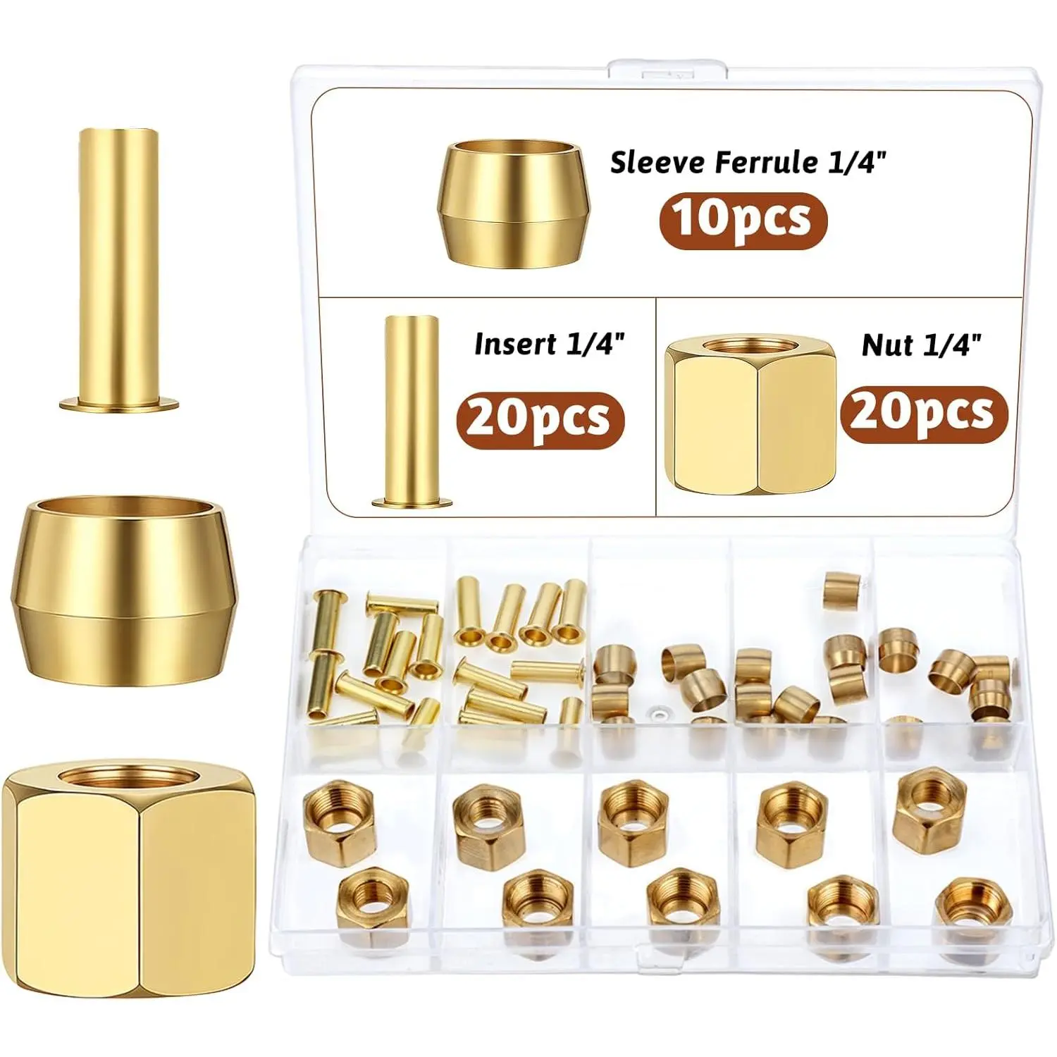 Solid Brass 1/4-Inch Compression Fitting Full Kit (50 Count) - 10 Nuts, 20 Inserts, Sleeves, Ferrules for Air, Water Lines - Leakproof Seal, Durable for DIY Projects