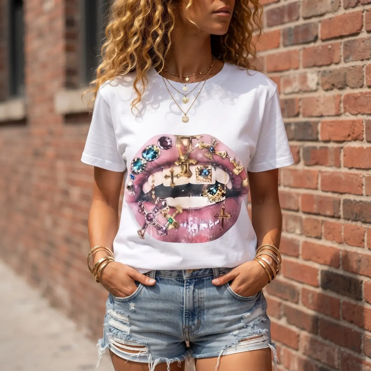 Shining Jewelry Red Lip Print T-Shirt |     Y2K Hot Girl Cross Pendant Lip Decoration Short Sleeve |     Cool and luxurious gothic street style top