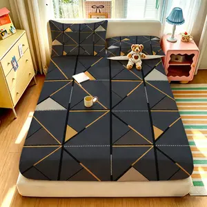 3pcs Simple Geometric Lines Color Block Patchwork Printed Fitted Sheet Set, 1 Fitted Sheet + 2 Pillowcases, No Insert, Soft Comfortable Bed Cover, Deep Pocket, for All Rooms