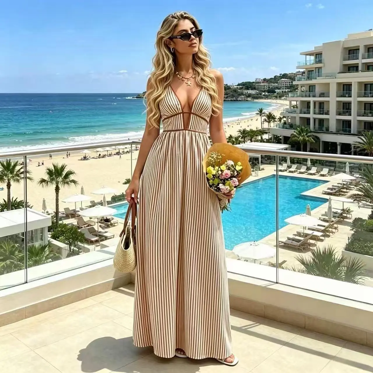 Women’s Bohemian Hawaiian Print Maxi Dress, Adjustable Spaghetti Strap Long Sundress, Lightweight Summer Beach Resort Outfit