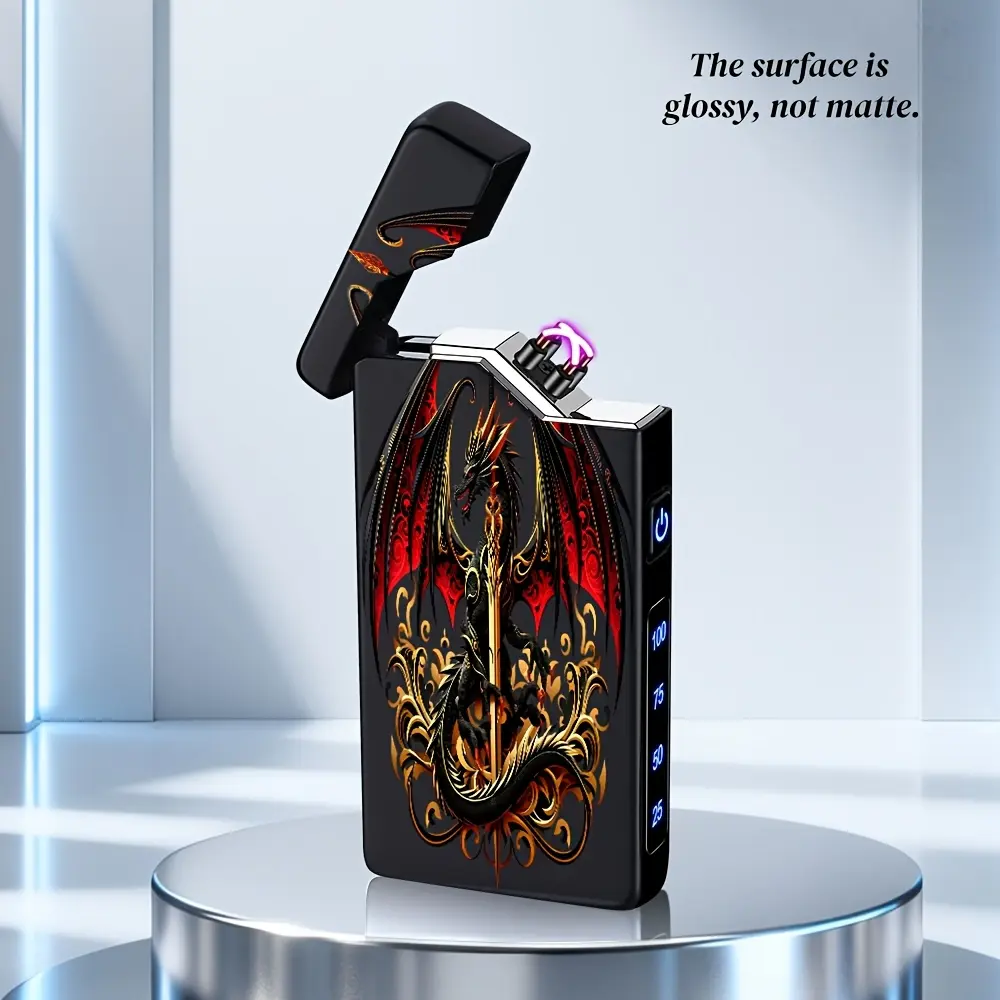 1pc Sword And Dragon Pattern Printed Metal Electronic Lighter No Open Flame Windproof Pulse Dual Arc, USB-C Rechargeable with Power Display, Suitable for Daily Use, Parties, Outdoors, High Altitude Areas, Gift for Valentine'S Day, Father'S Day