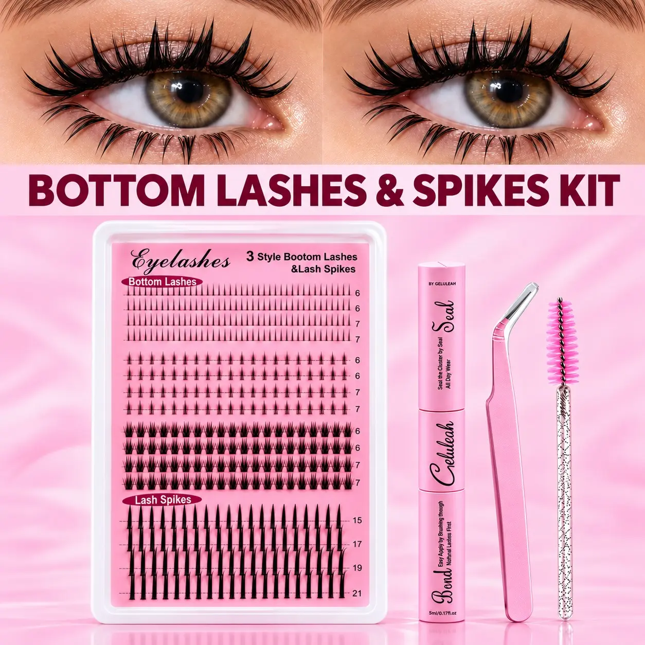 640  Pcs Bottom Lash Clusters & Spikes Kit, 3 Styles 6-7mm Lower Lashes & 15-21mm Lash Spikes, Manga Anime Wispy False Eyelashes, DIY Eyelash Extensions with Bond & Seal, Tweezers & Brush, Beginner-Friendly