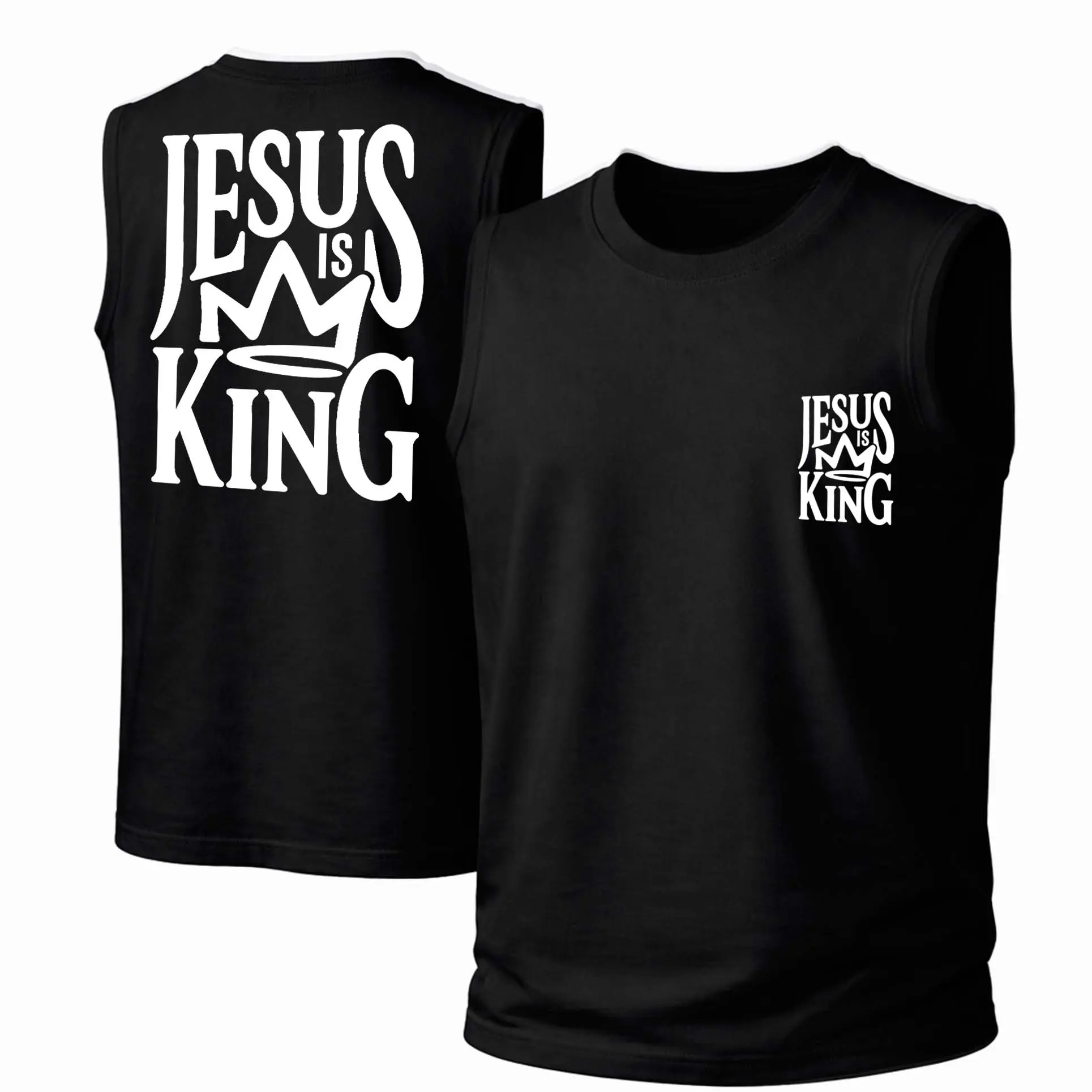 Men's Cotton Sleeveless Tank Top -““Jesus is King” Printed Style. This Is A Casual Item Suitable For Both Men And Women, Especially Perfect For Spring And Summer; The Cool Print And Classic Crew Neck Cut