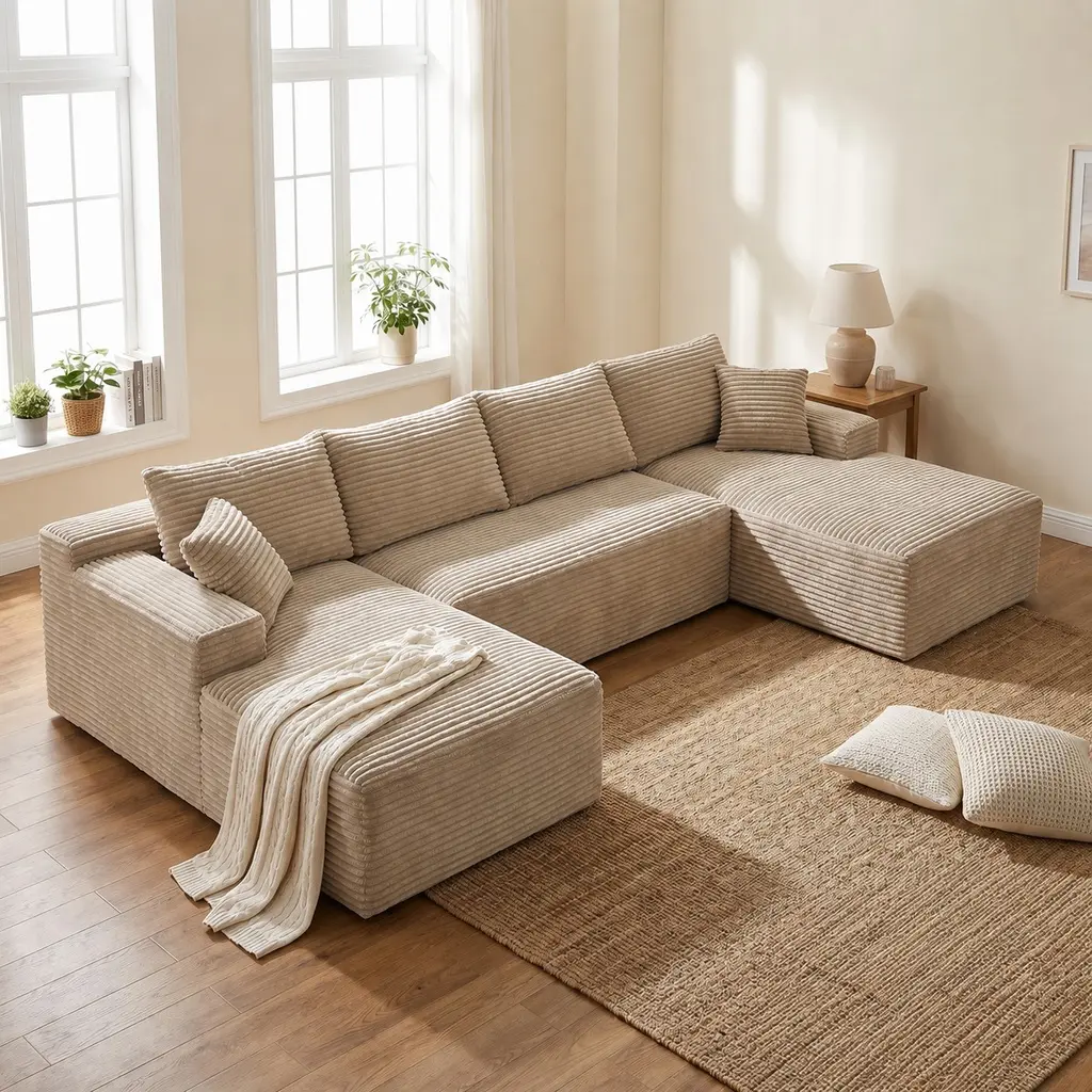 ARCH 132.1" U-Shaped 6-Seat Modular Sectional Sofa Set, Comfy Couch for Living Room Watch Party, Soft Corduroy Camel, Dual Chaises, 2 Throw Pillows, No Assembly Required, Pillow-Included Sofas & Couches